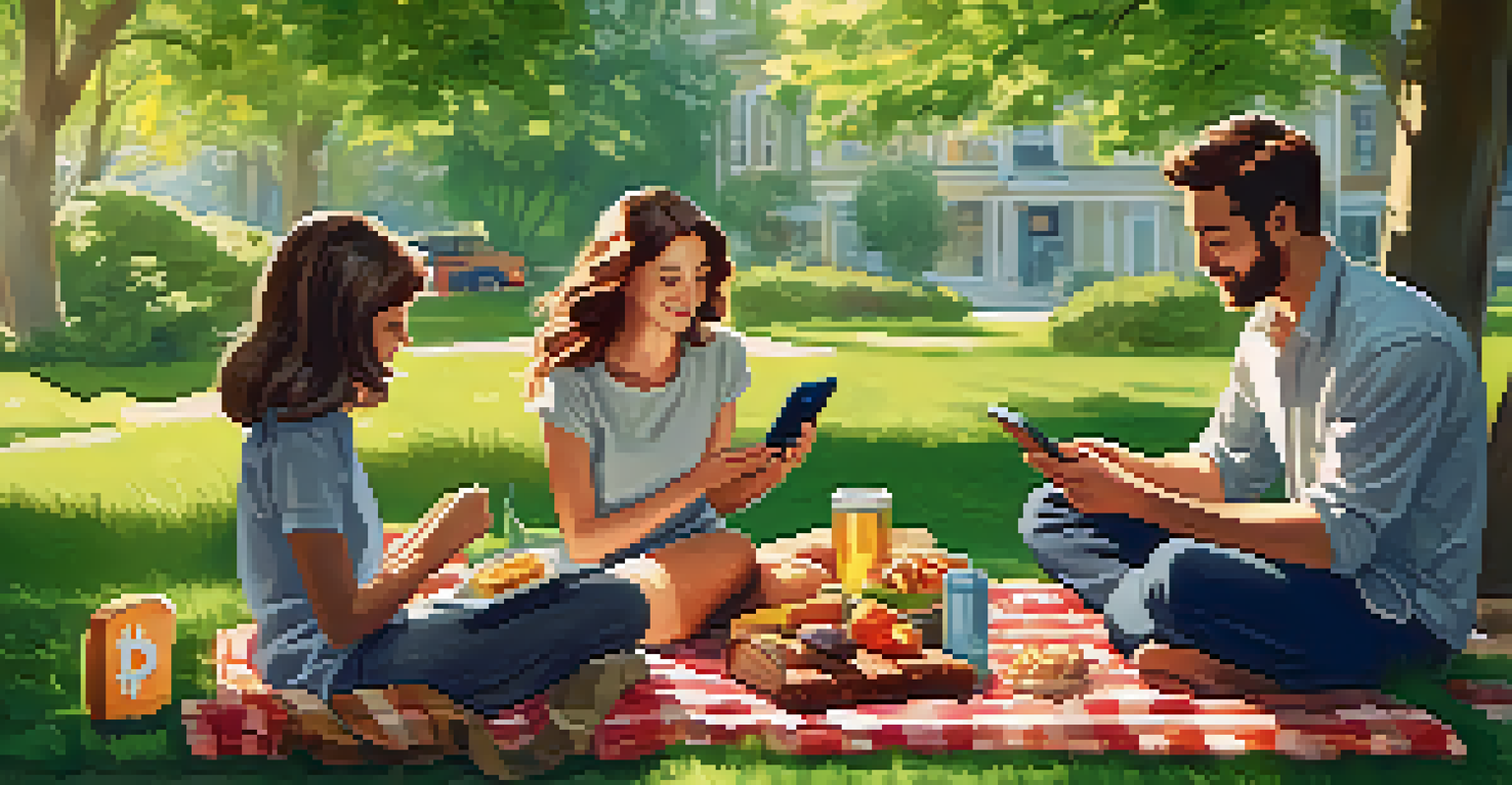 A family having a picnic and discussing Bitcoin wallet security in a sunny outdoor setting.