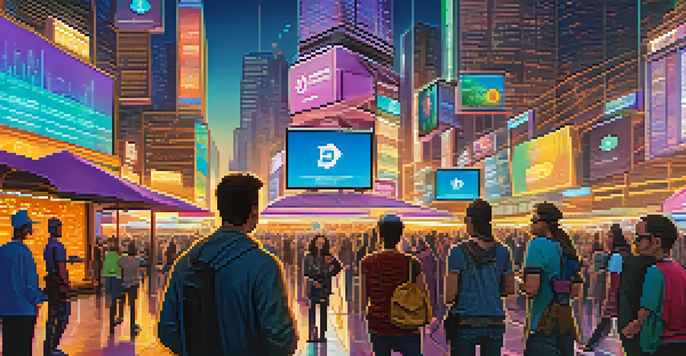 A vibrant marketplace where people are trading cryptocurrencies, with colorful digital screens and a futuristic city in the background.