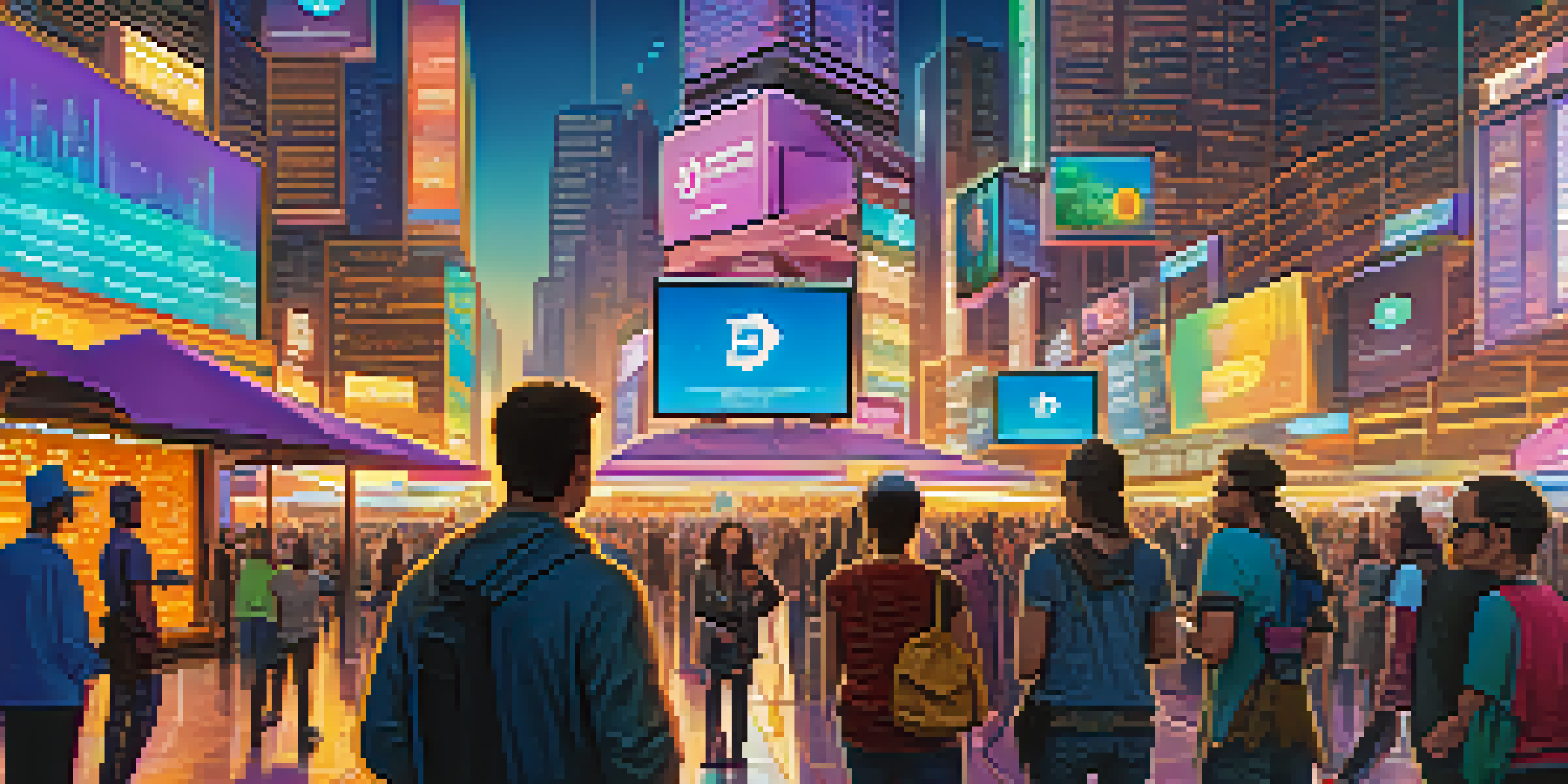 A vibrant marketplace where people are trading cryptocurrencies, with colorful digital screens and a futuristic city in the background.