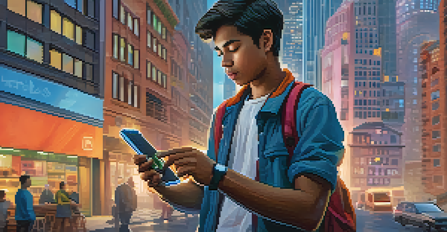 A young migrant worker using a smartphone to send money home via Bitcoin in an urban setting, with skyscrapers and a map of their home country on the screen.