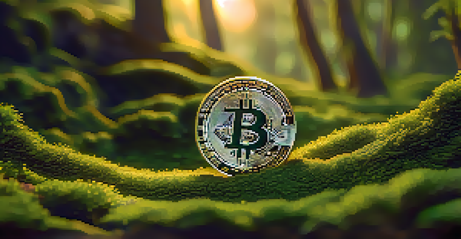 A close-up view of a Bitcoin coin on green moss, with soft lighting enhancing its golden color.