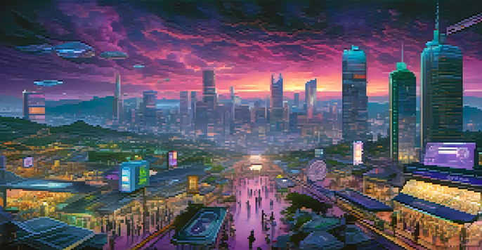 A city skyline at dusk with neon lights and people using smartphones to exchange digital currencies.