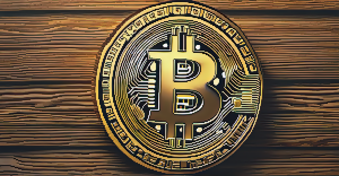A detailed close-up of the Bitcoin logo on a textured wooden surface, illuminated by warm lighting.