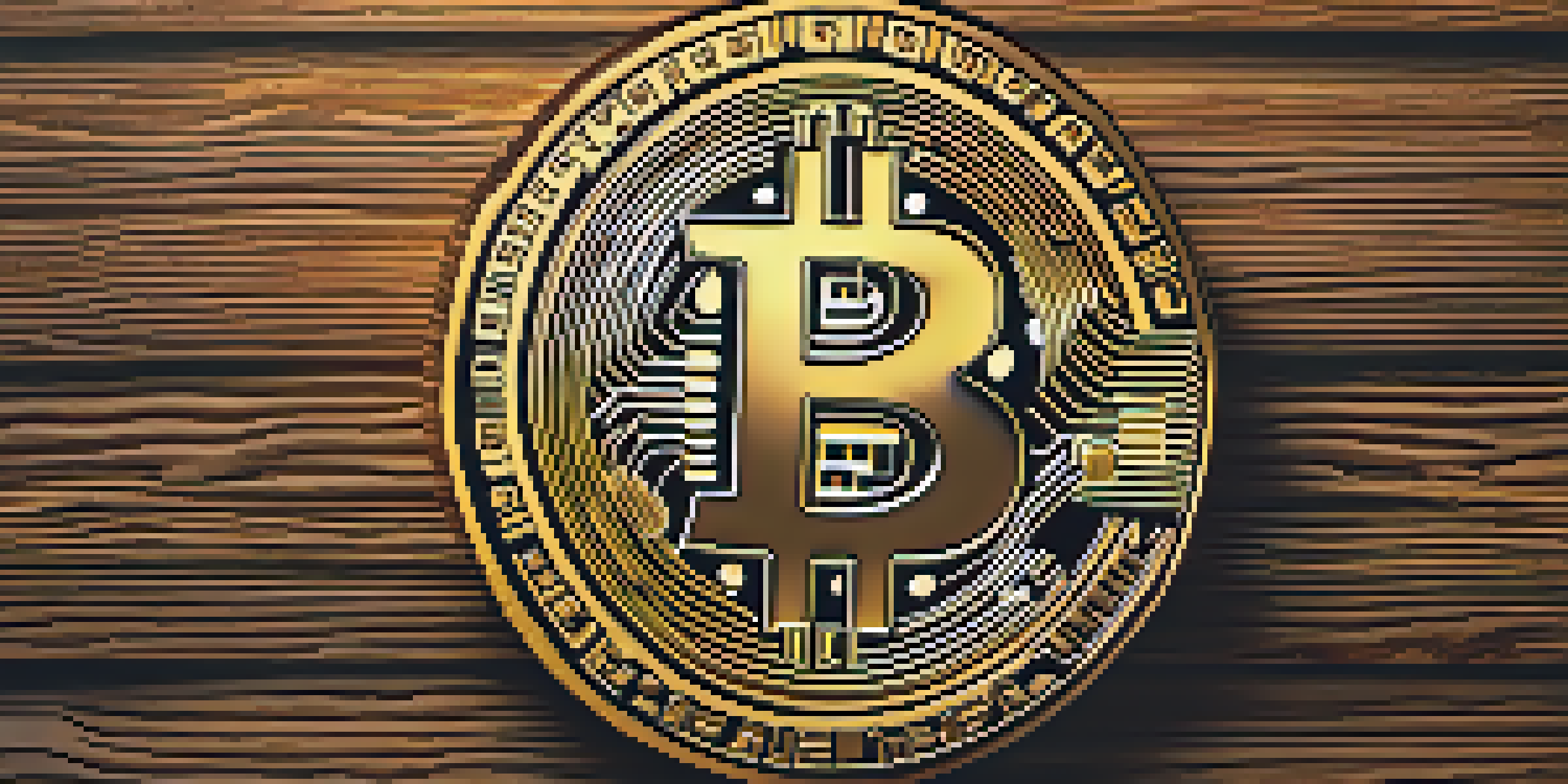 A detailed close-up of the Bitcoin logo on a textured wooden surface, illuminated by warm lighting.