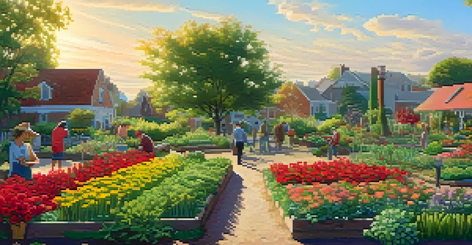 A peaceful community garden scene with people tending to their plants under a sunny sky.