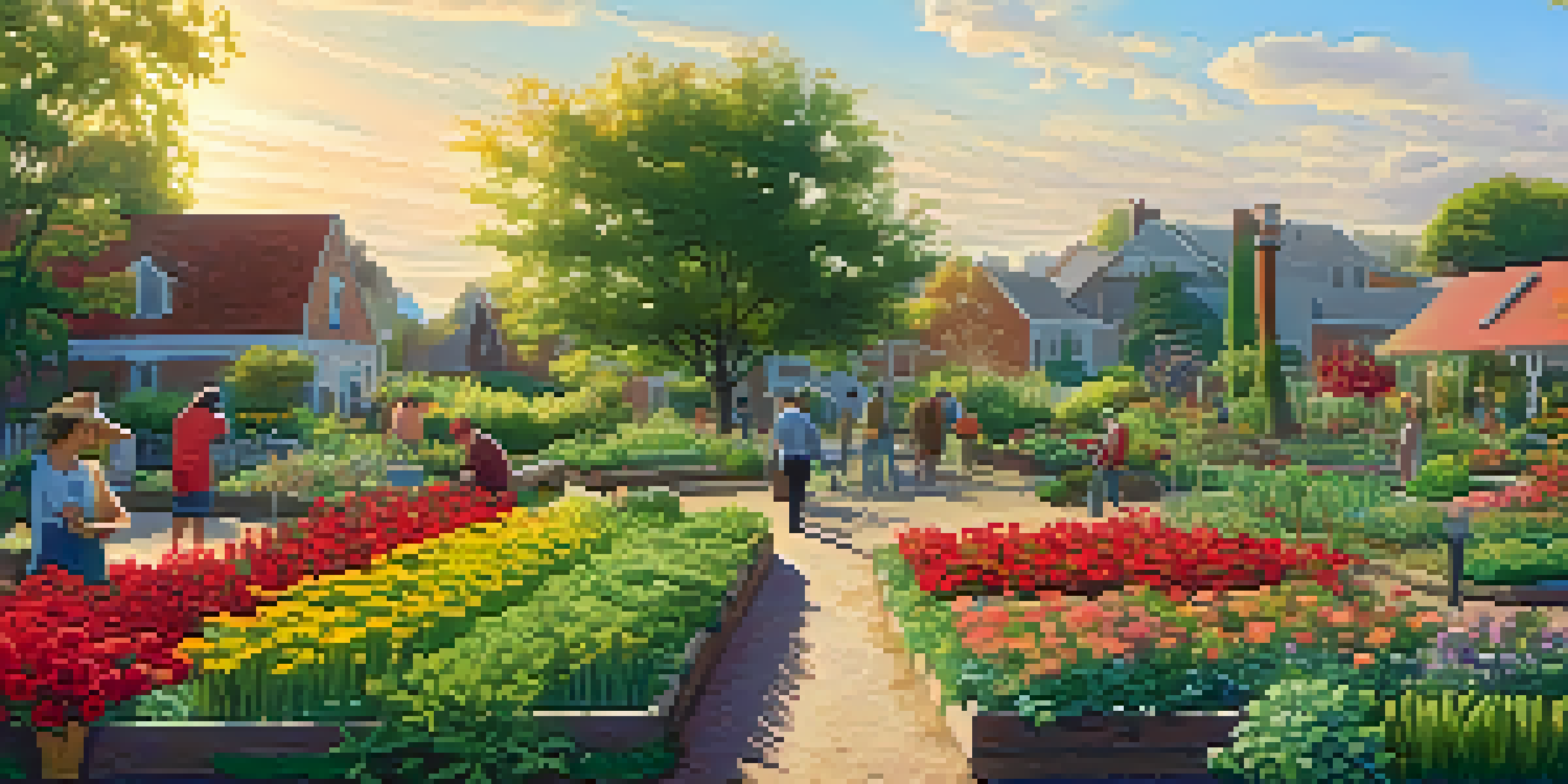 A peaceful community garden scene with people tending to their plants under a sunny sky.