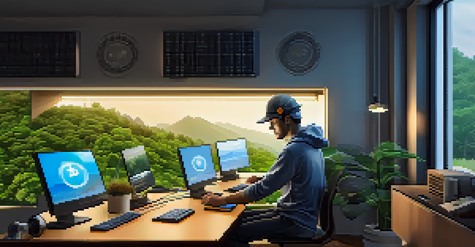A Bitcoin miner in a modern workspace with energy-efficient equipment and a view of nature outside.
