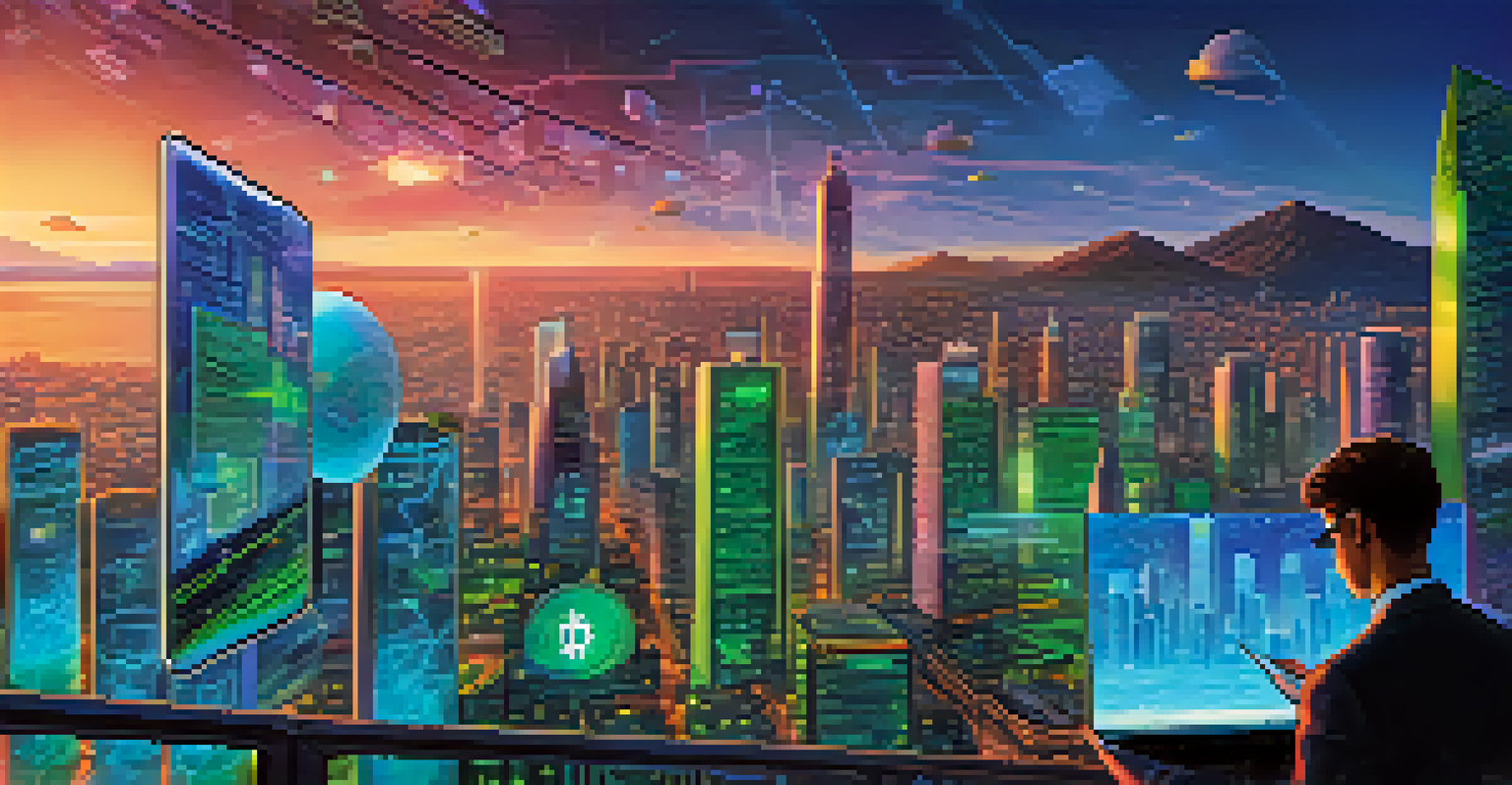 A futuristic city skyline with holographic Bitcoin transactions and a person using a tablet, emphasizing digital innovation.