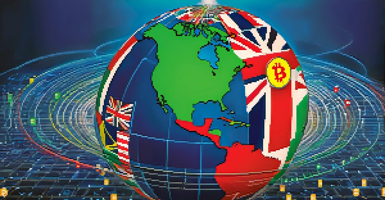 A globe surrounded by country flags and lines representing Bitcoin transactions, set against a digital binary code background.