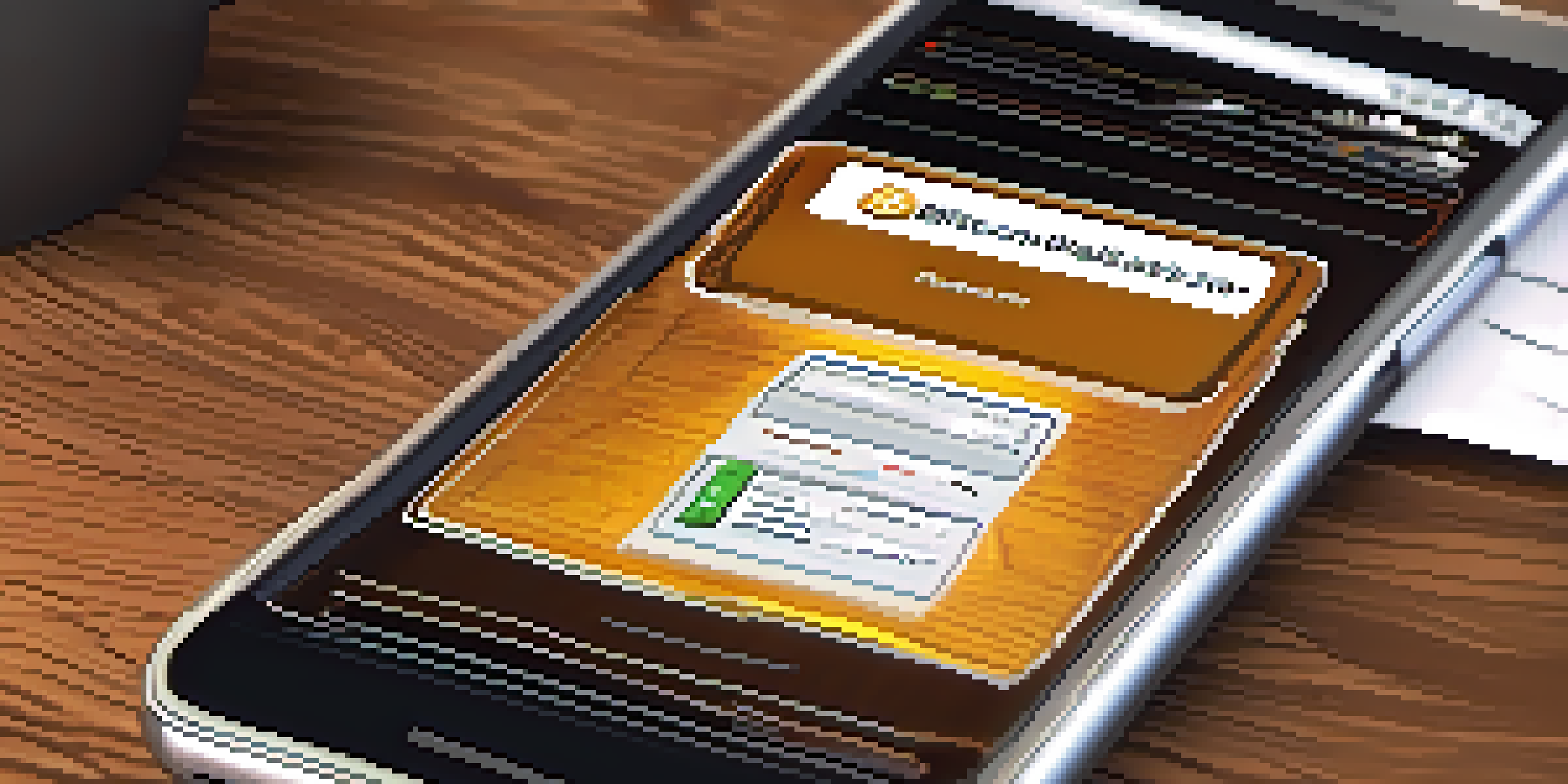 A close-up view of a Bitcoin wallet interface on a smartphone, showing updated software details, with a dark wooden table and coffee in the background.