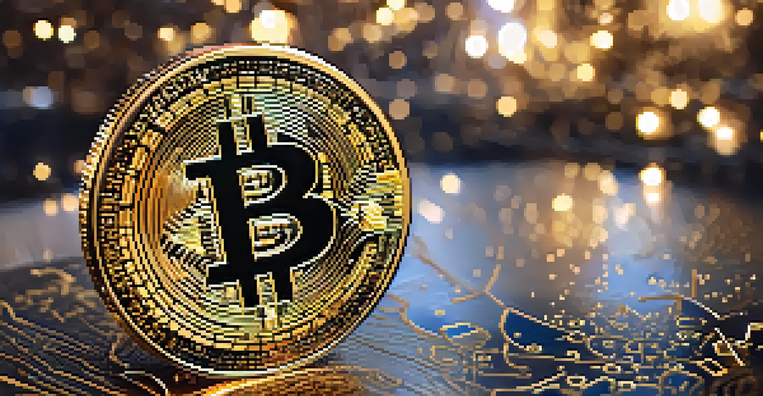 A close-up of a physical Bitcoin coin on gold dust, with soft lighting highlighting its details and a blurred financial chart in the background.