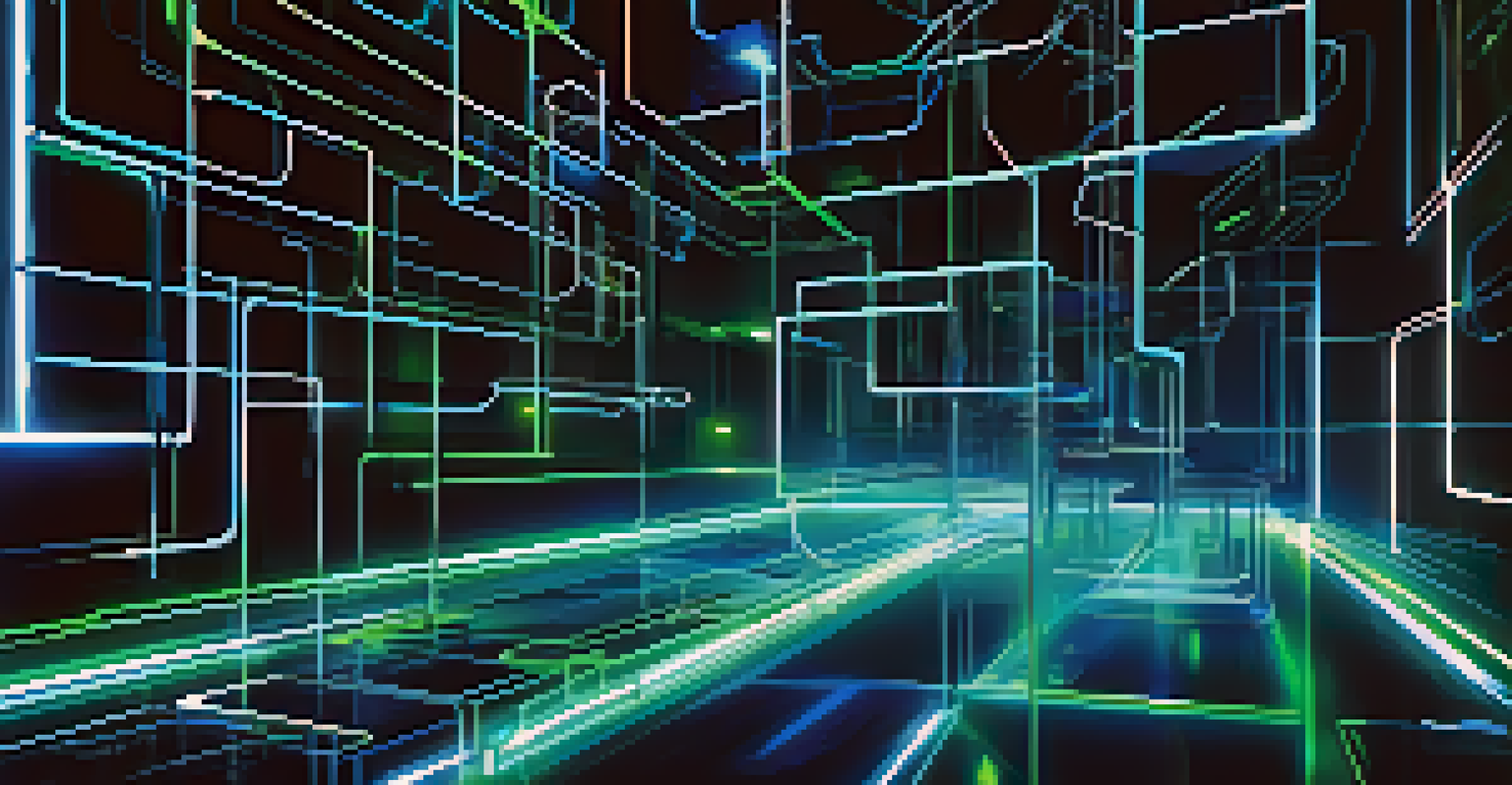 An abstract representation of blockchain technology with glowing interconnected blocks and chains in neon colors.