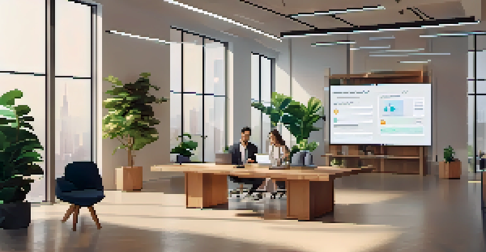 A diverse team in an office discussing smart contracts, with digital screens in the background.