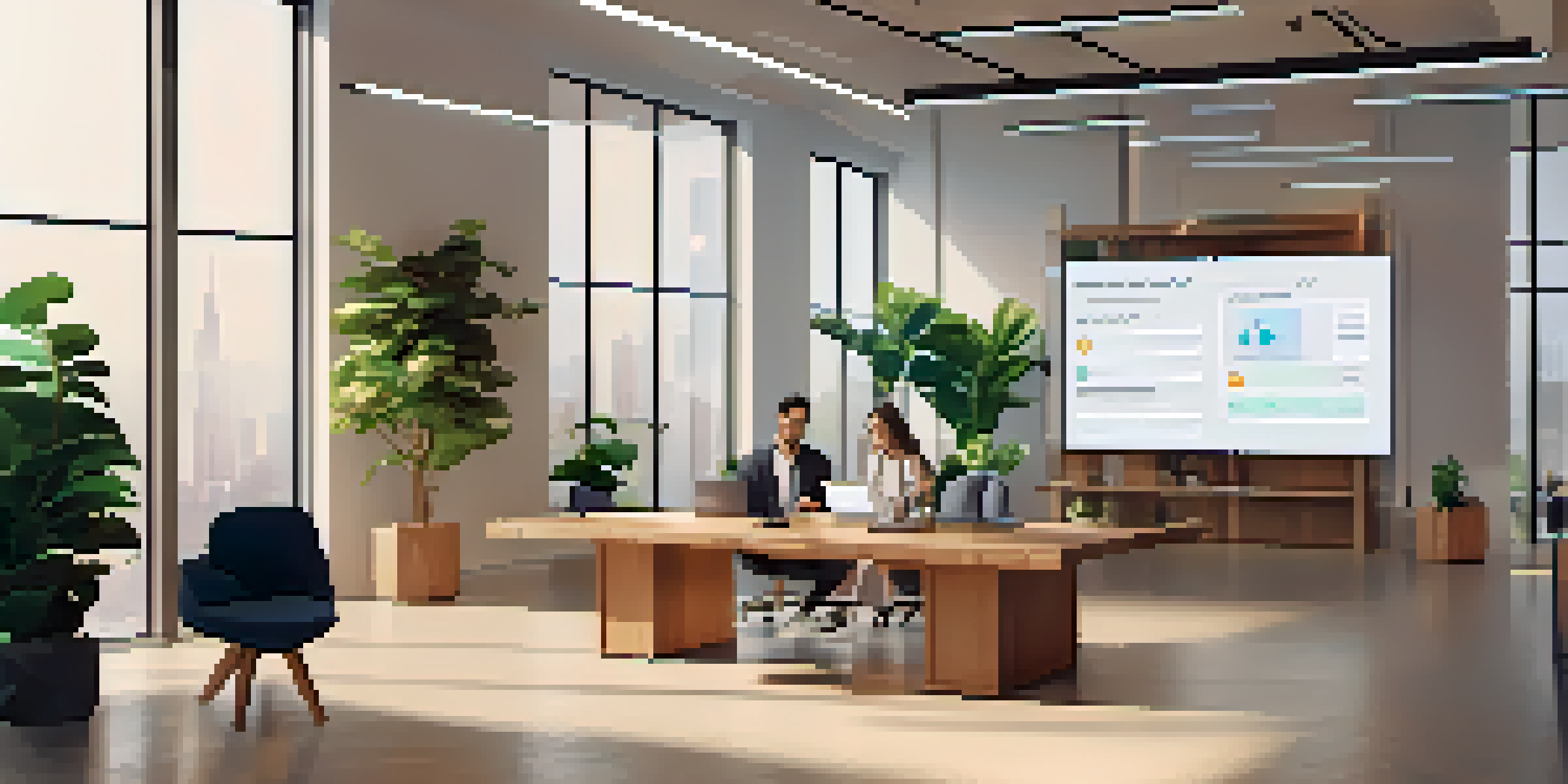 A diverse team in an office discussing smart contracts, with digital screens in the background.