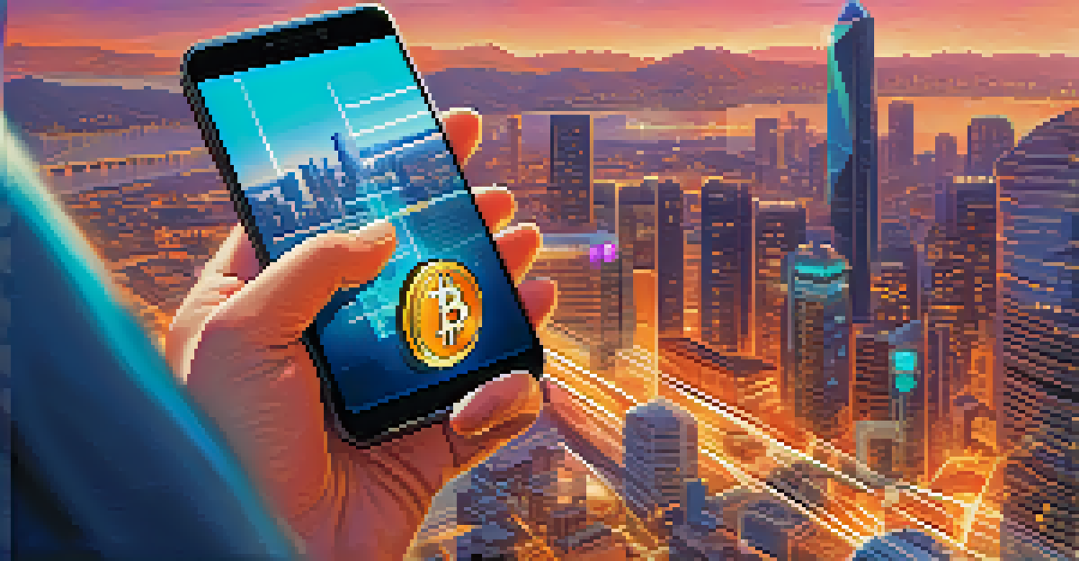 A person using a smartphone to send Bitcoin, with a modern city skyline in the background.
