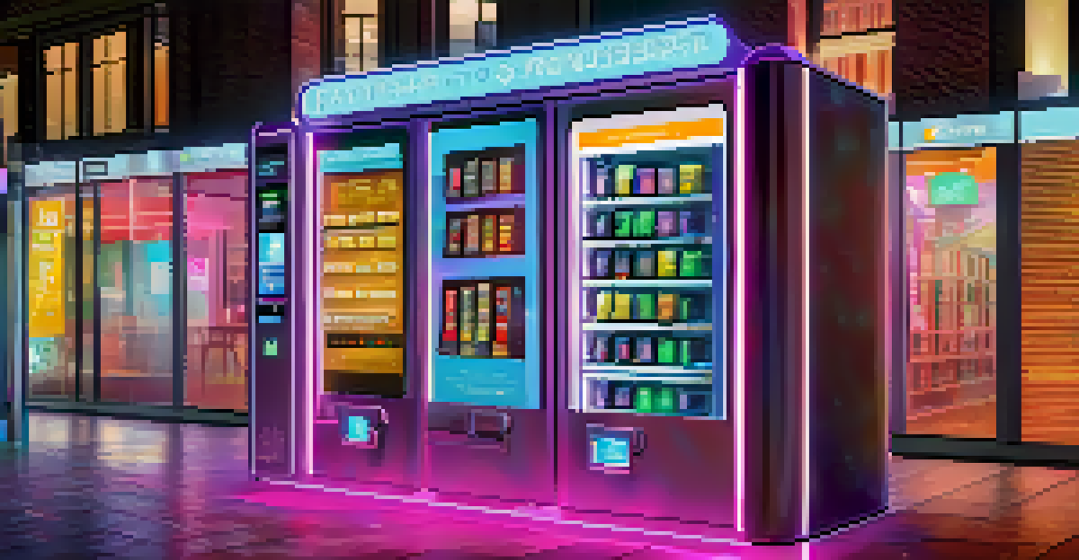 A high-tech vending machine dispensing digital currency, symbolizing smart contracts in a lively technological environment.