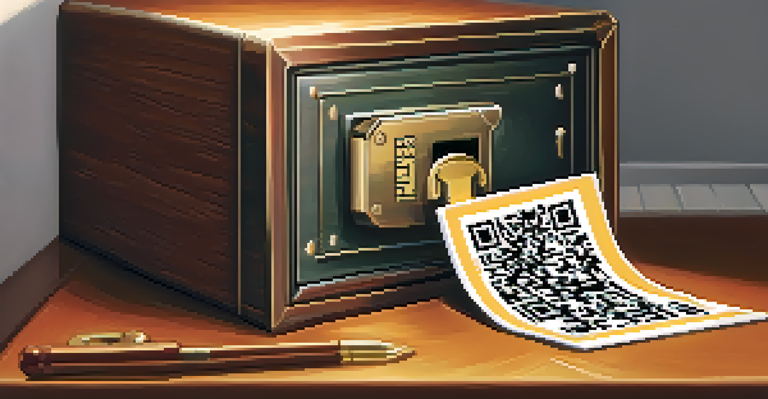 A paper wallet inside an open safe, with a focus on the QR code and private key.