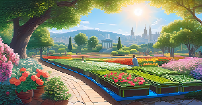 A community garden with diverse people collaborating, planting digital currency symbols among flowers under a sunny sky.