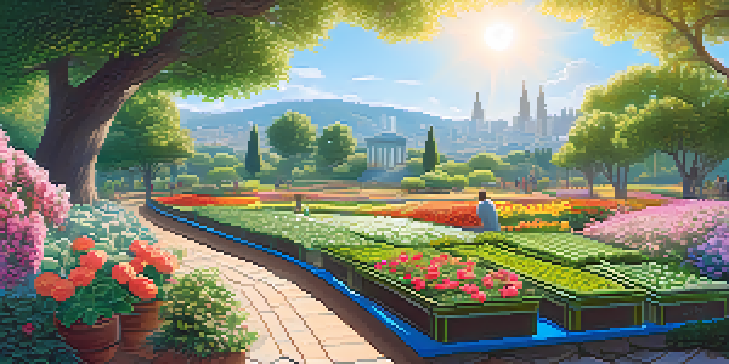 A community garden with diverse people collaborating, planting digital currency symbols among flowers under a sunny sky.
