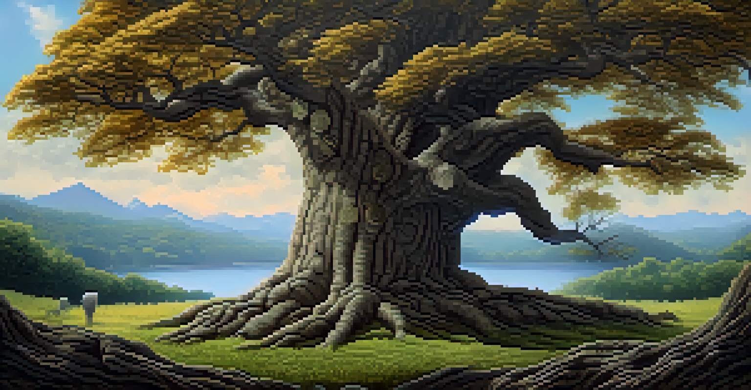 A strong oak tree symbolizing Bitcoin, surrounded by smaller saplings representing tech startups in a vibrant digital forest.