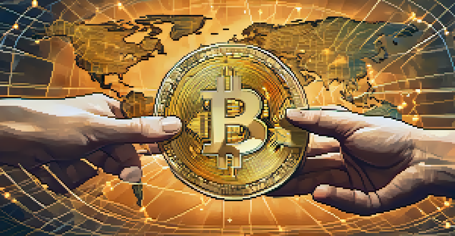 Bitcoin coins being exchanged between two hands with a world map in the background, symbolizing international arbitrage.