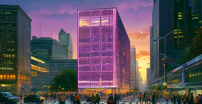 A cityscape at dusk featuring a central bank building with digital screens, showcasing CBDCs, surrounded by people using mobile devices.