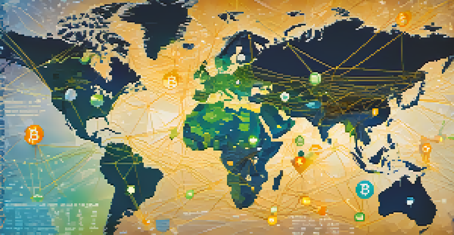 A global supply chain map illustrating Bitcoin transactions between different countries.