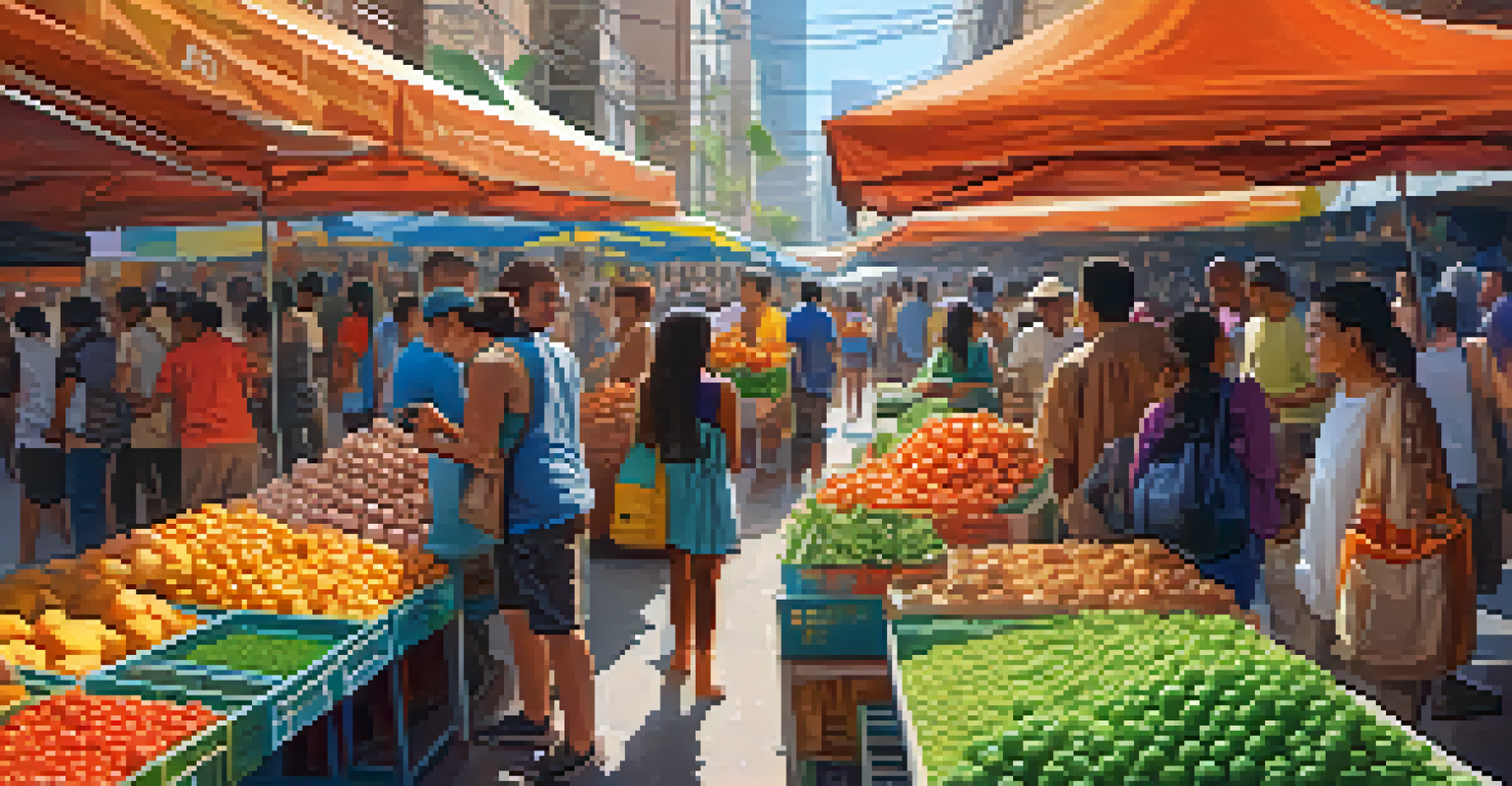 A diverse group of people using smartphones to transact Bitcoin in a colorful market, surrounded by fresh produce and goods.