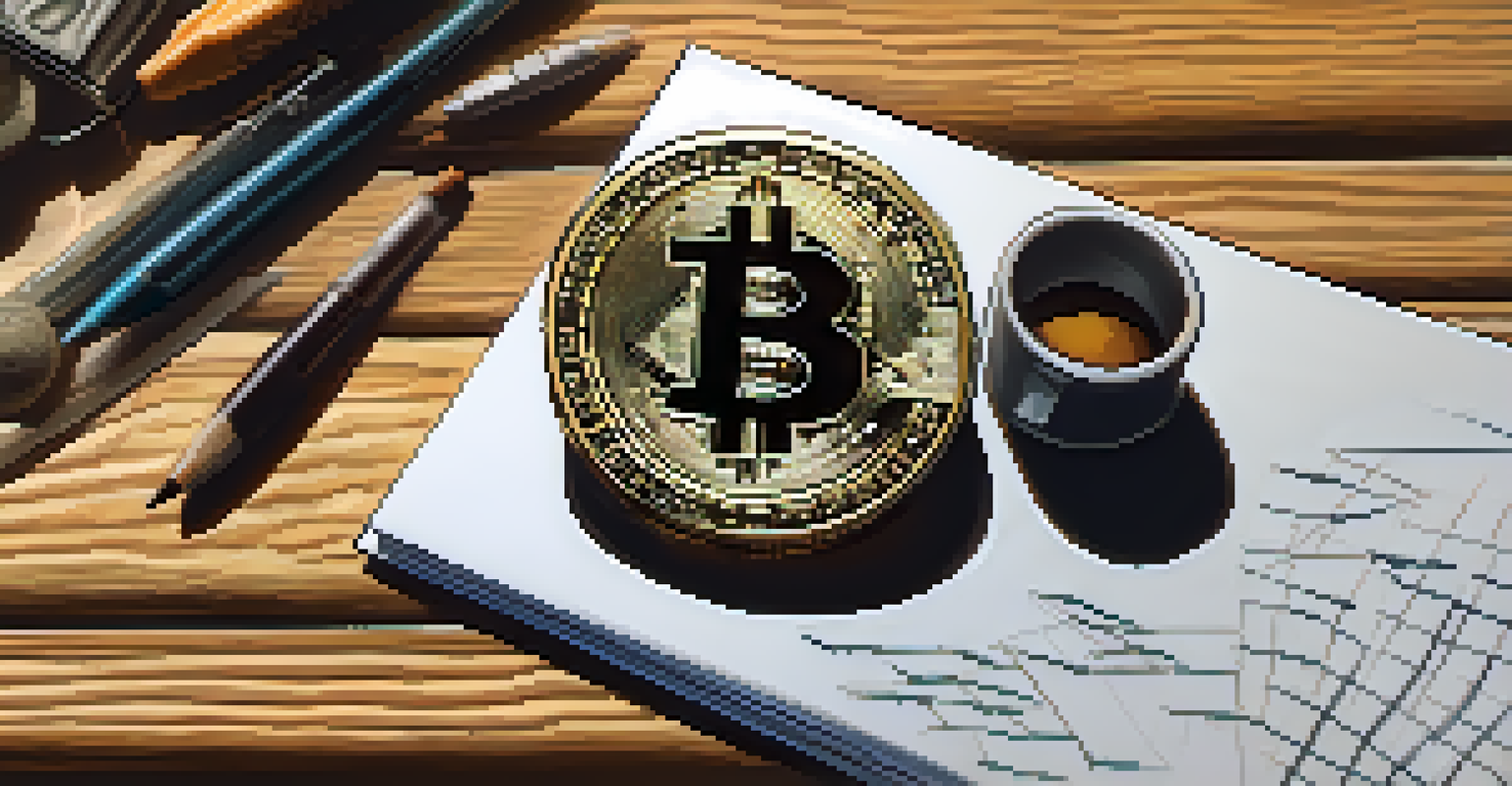 A close-up view of a Bitcoin coin on a wooden desk next to a laptop and a sketch-filled notepad, enhanced by warm lighting.