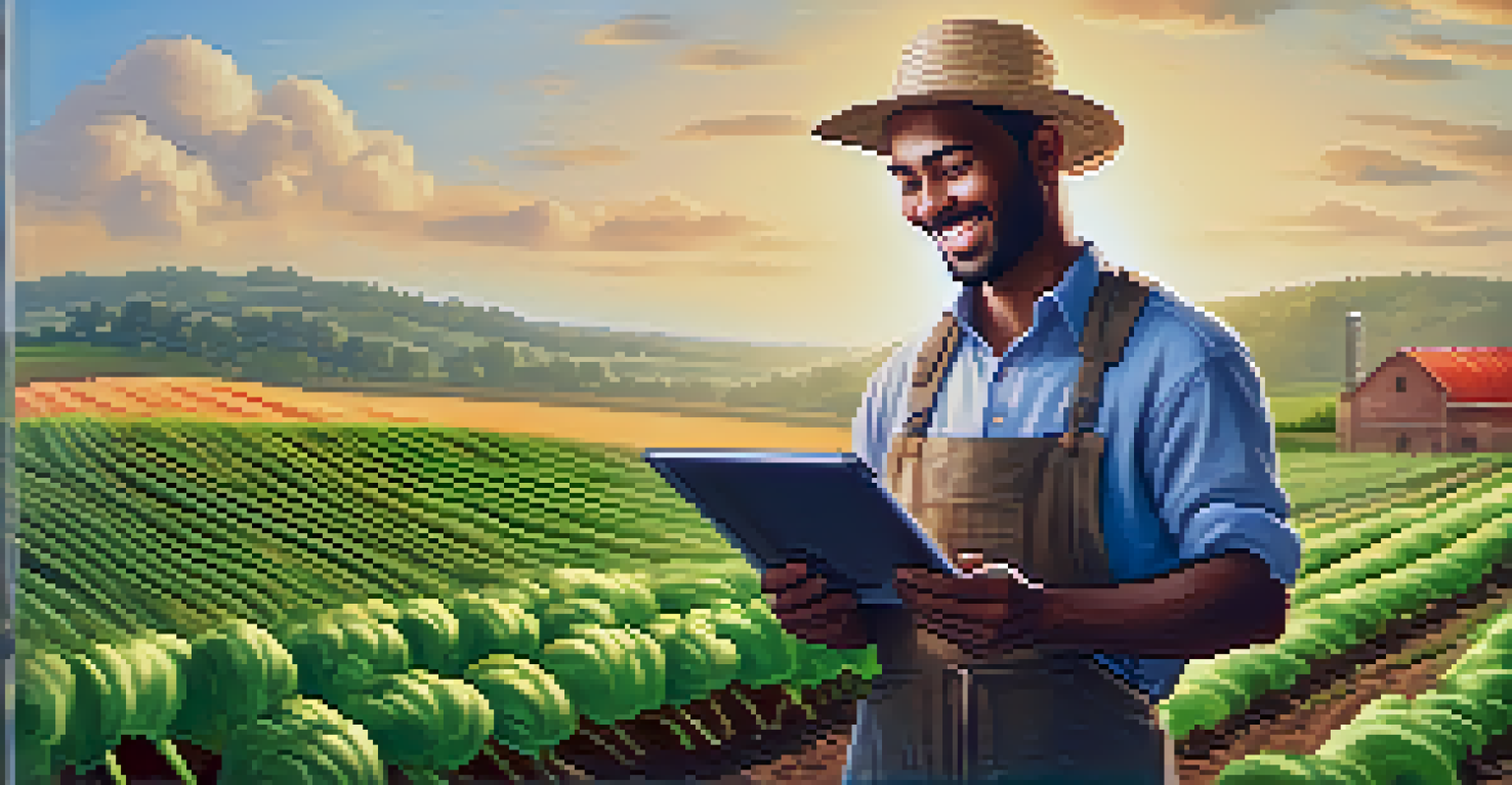 A small farmer using a tablet to accept Bitcoin payments in a picturesque rural setting with crops and a clear sky.
