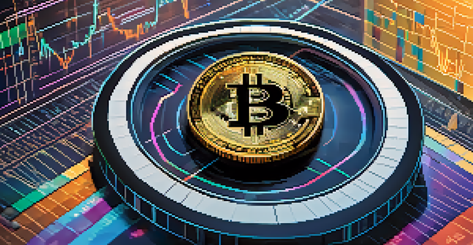 A close-up of a Bitcoin coin on a stock market ticker with graphs and charts in the background.