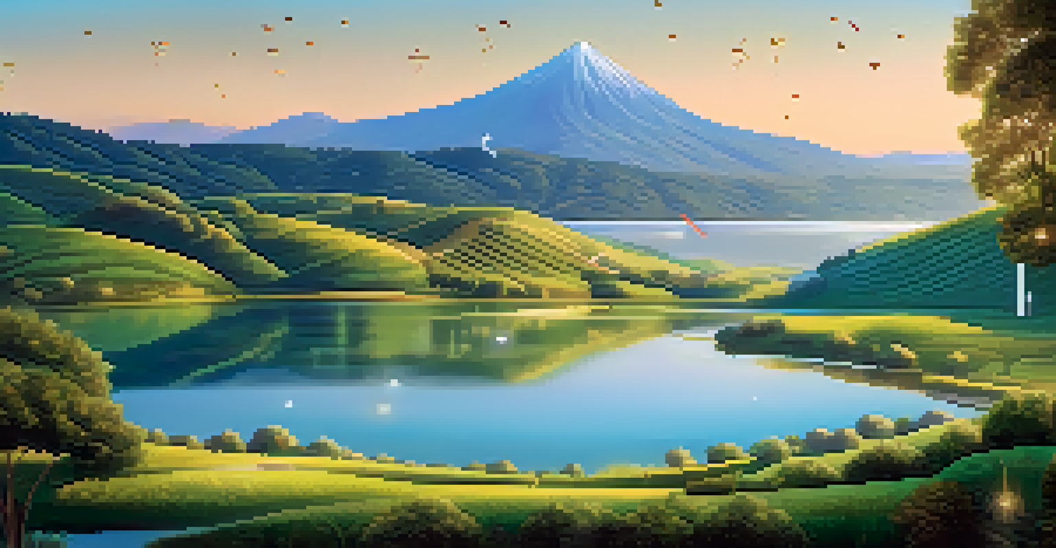 A peaceful landscape of hills and a lake with digital blockchain symbols overlaying the scene.
