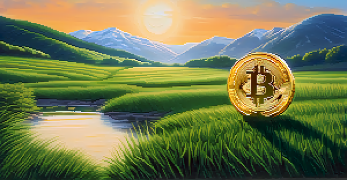 A golden Bitcoin coin floating in a green field with mountains and a blue sky in the background, illuminated by sunlight.