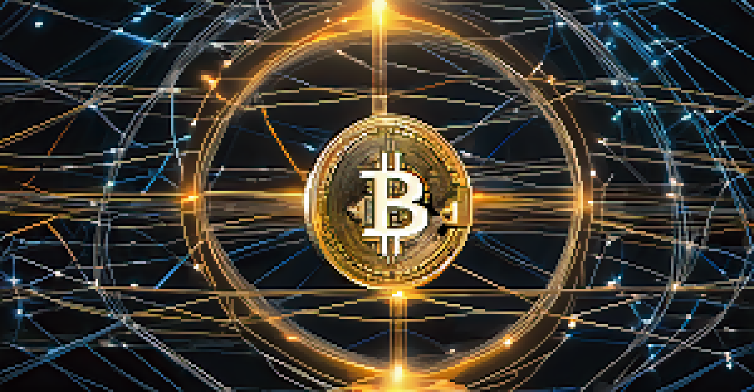 Two interconnected spheres representing Bitcoin and smart contracts, surrounded by glowing lines symbolizing cross-chain technology.