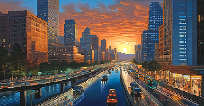 A vibrant city skyline at dusk with glowing skyscrapers and moving cars, representing the concept of scalability in Bitcoin.