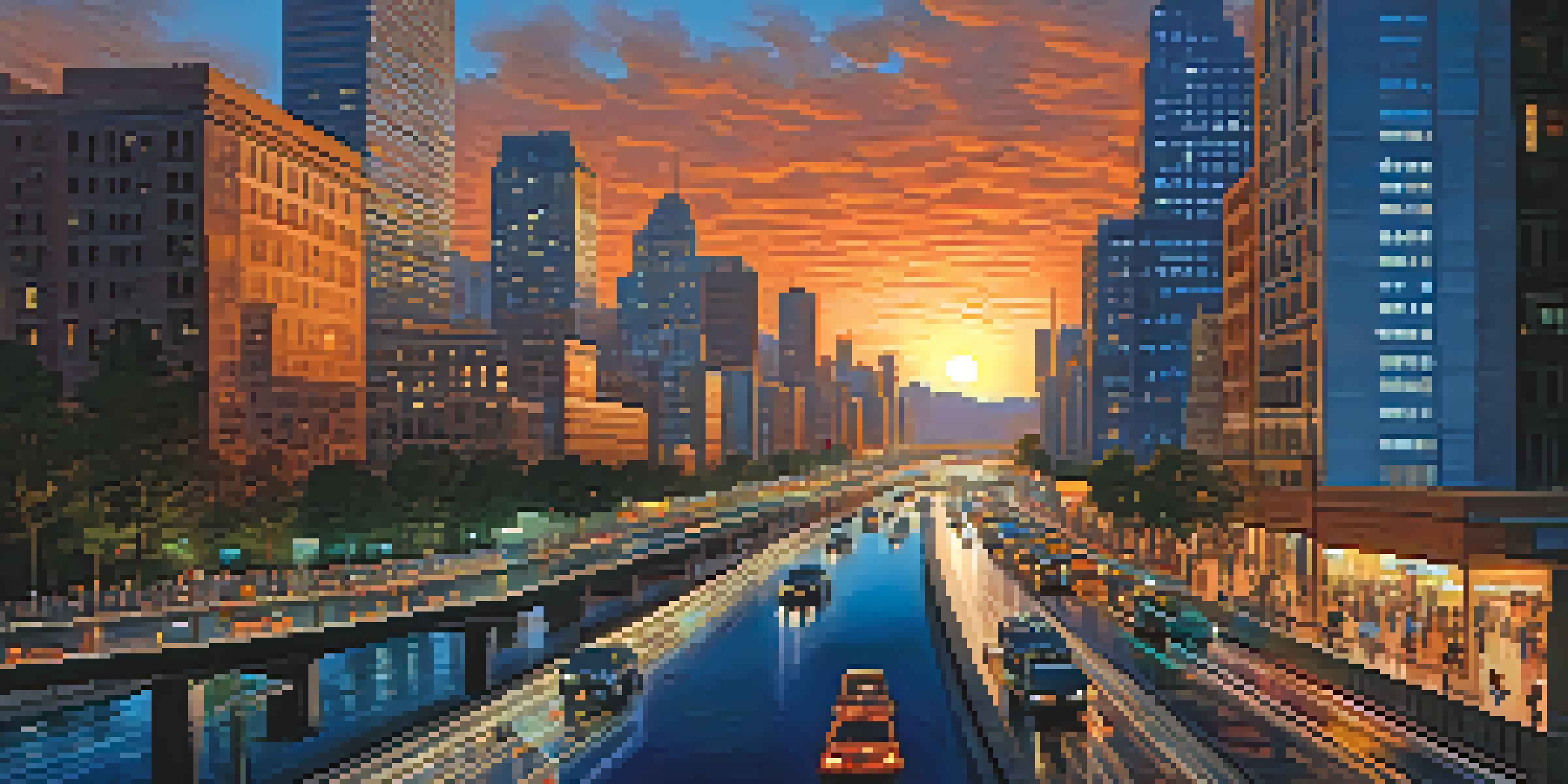 A vibrant city skyline at dusk with glowing skyscrapers and moving cars, representing the concept of scalability in Bitcoin.