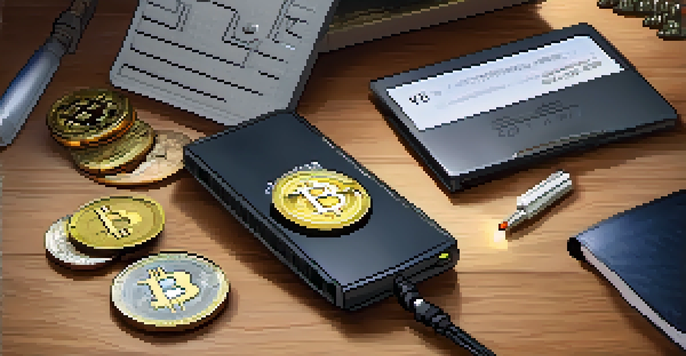 A secure hardware wallet on a wooden desk, surrounded by Bitcoin coins and a notepad with notes on security practices.