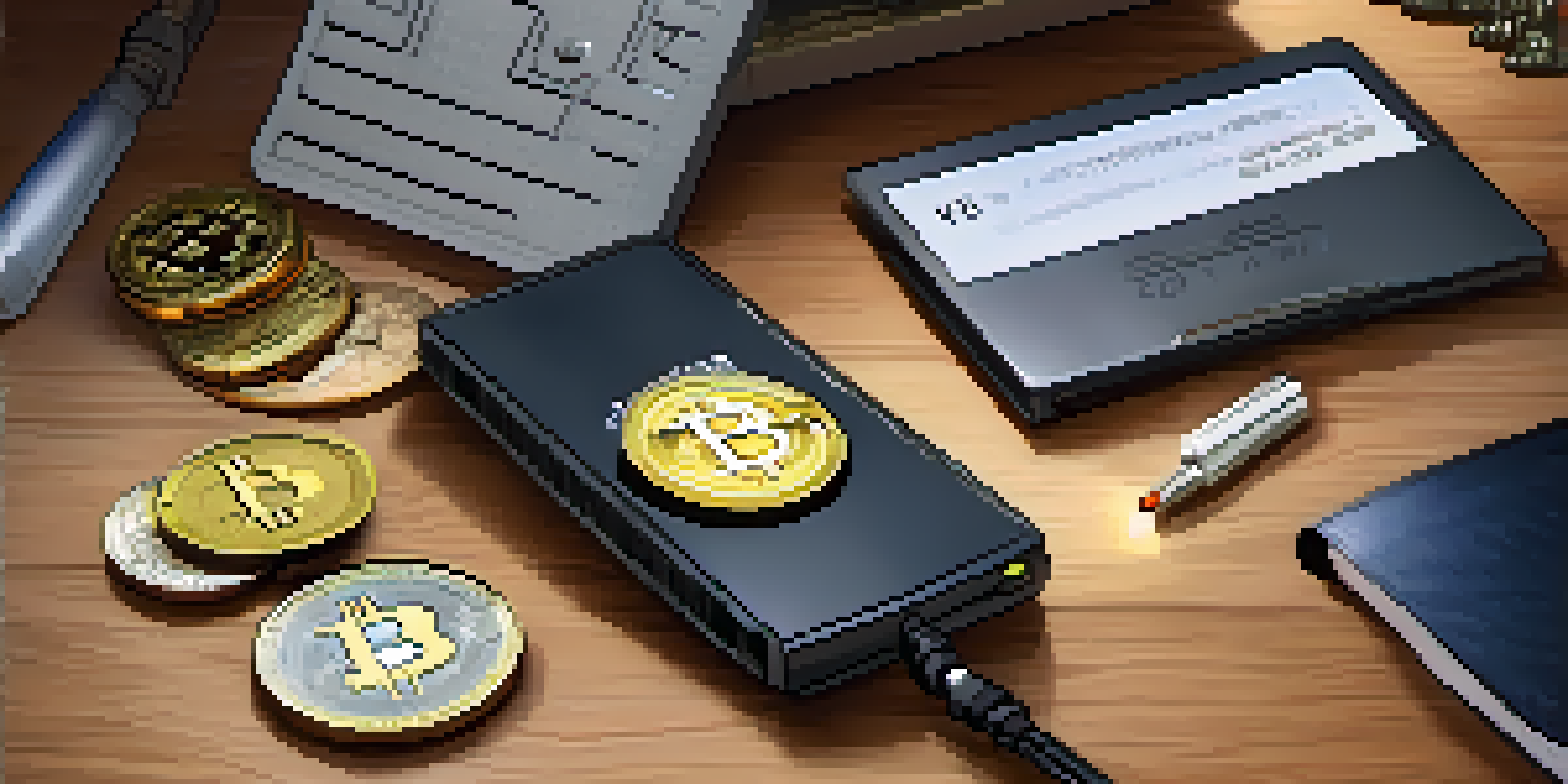 A secure hardware wallet on a wooden desk, surrounded by Bitcoin coins and a notepad with notes on security practices.