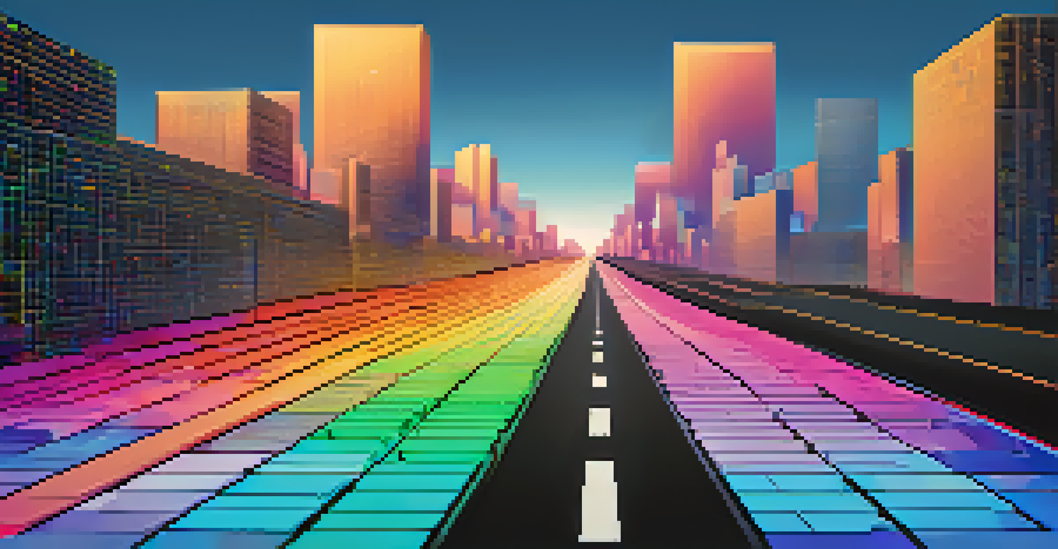 A colorful representation of a blockchain network as a road with multiple paths and blocks.