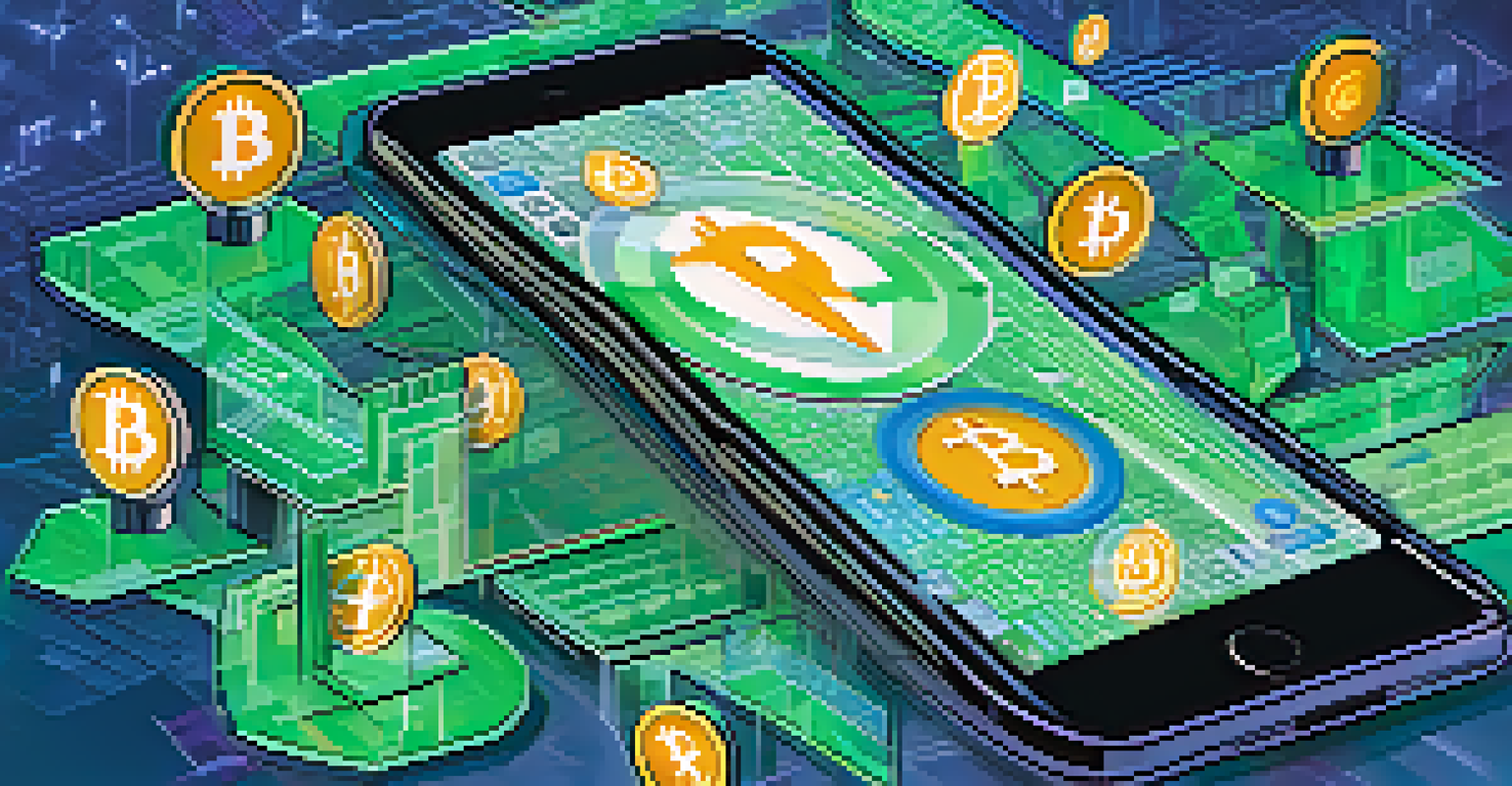 An artistic concept showing a smartphone screen with trending Bitcoin news, surrounded by social media icons and financial graphs.