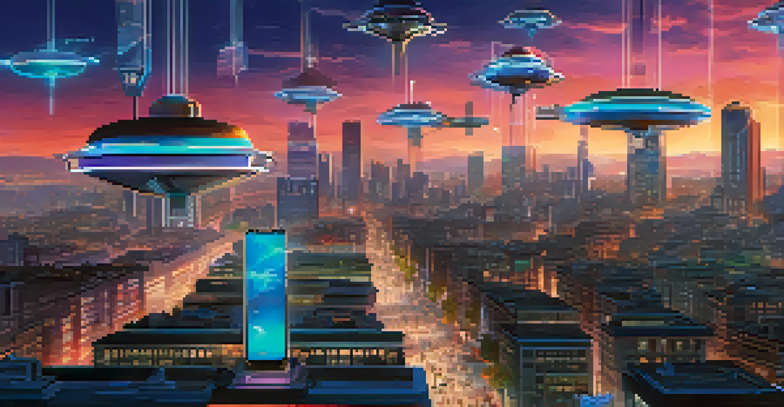 A futuristic cityscape with digital screens displaying NFTs, drones delivering art, and colorful lights illustrating innovation in the NFT space.