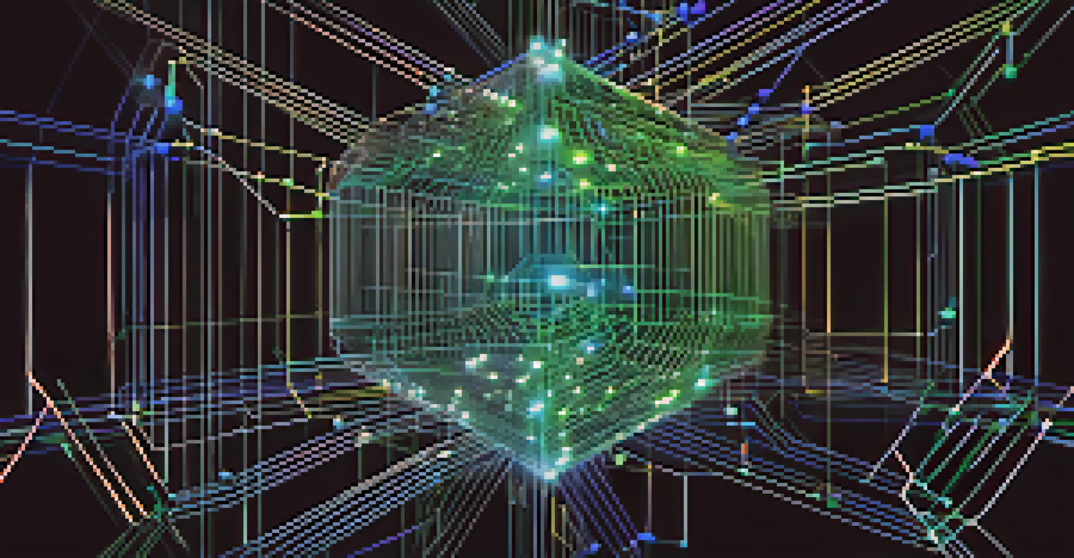 An abstract visualization of cryptocurrency with glowing blue and green interconnected lines against a dark background, representing blockchain technology.