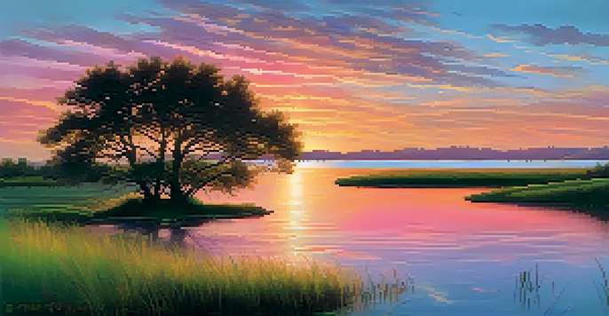 A vibrant sunset over a calm lake, with colorful reflections and a solitary tree beside lush grass and wildflowers.