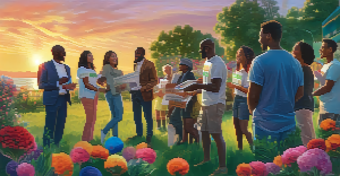 A diverse group of people participating in a charitable event outdoors with a sunset in the background, promoting Bitcoin donations.