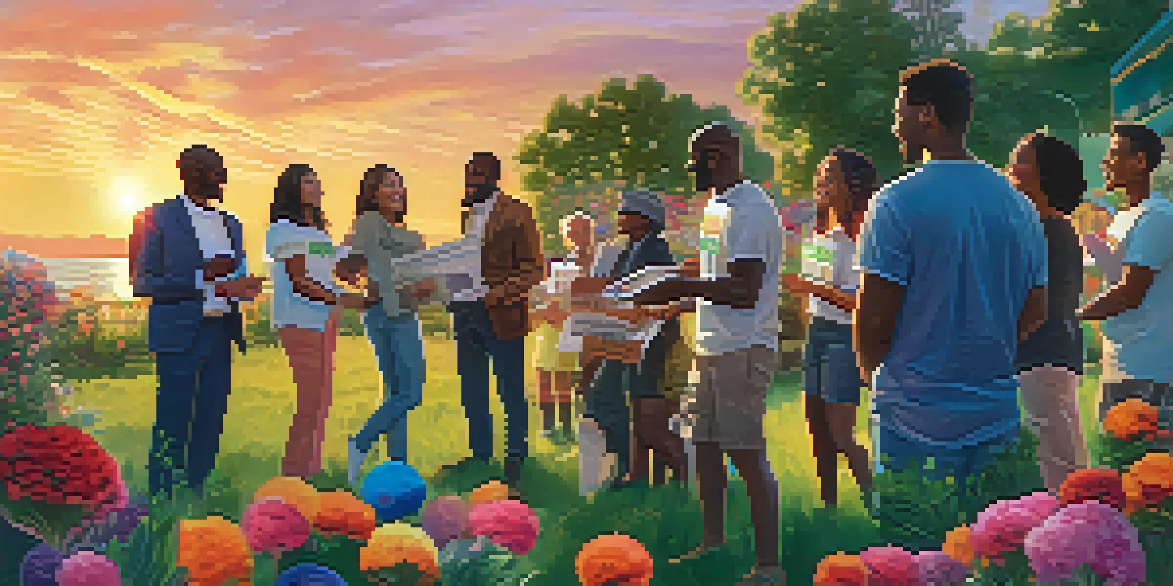 A diverse group of people participating in a charitable event outdoors with a sunset in the background, promoting Bitcoin donations.