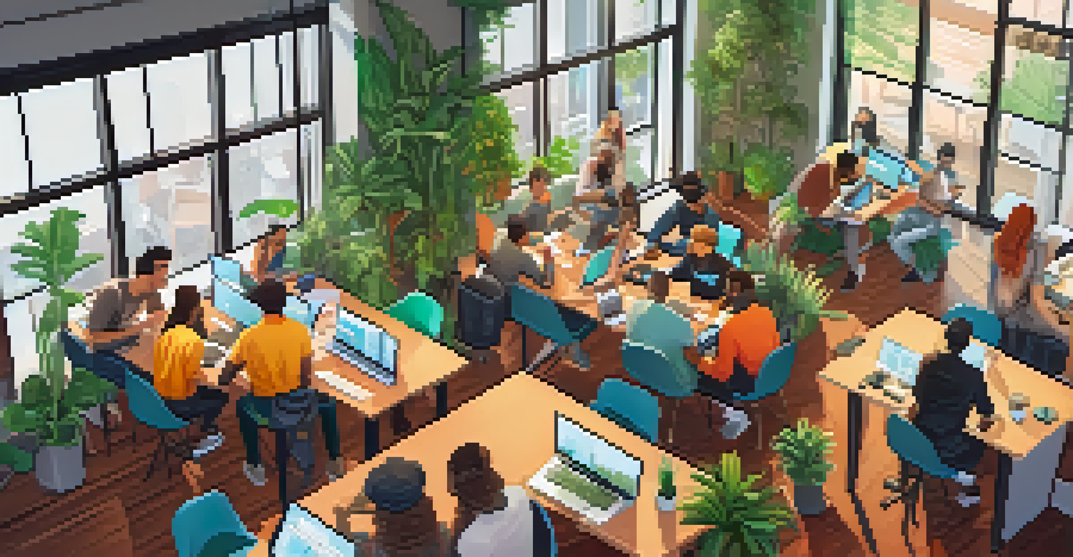 A diverse group of freelancers working together in a colorful co-working space, with laptops showing Bitcoin payment interfaces.