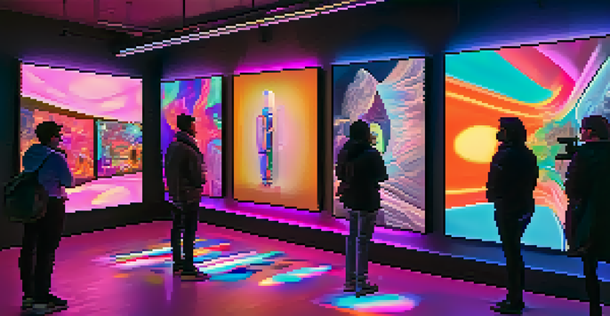 A digital art gallery filled with vibrant NFTs displayed on screens, featuring artists and collectors interacting in a colorful and futuristic environment.
