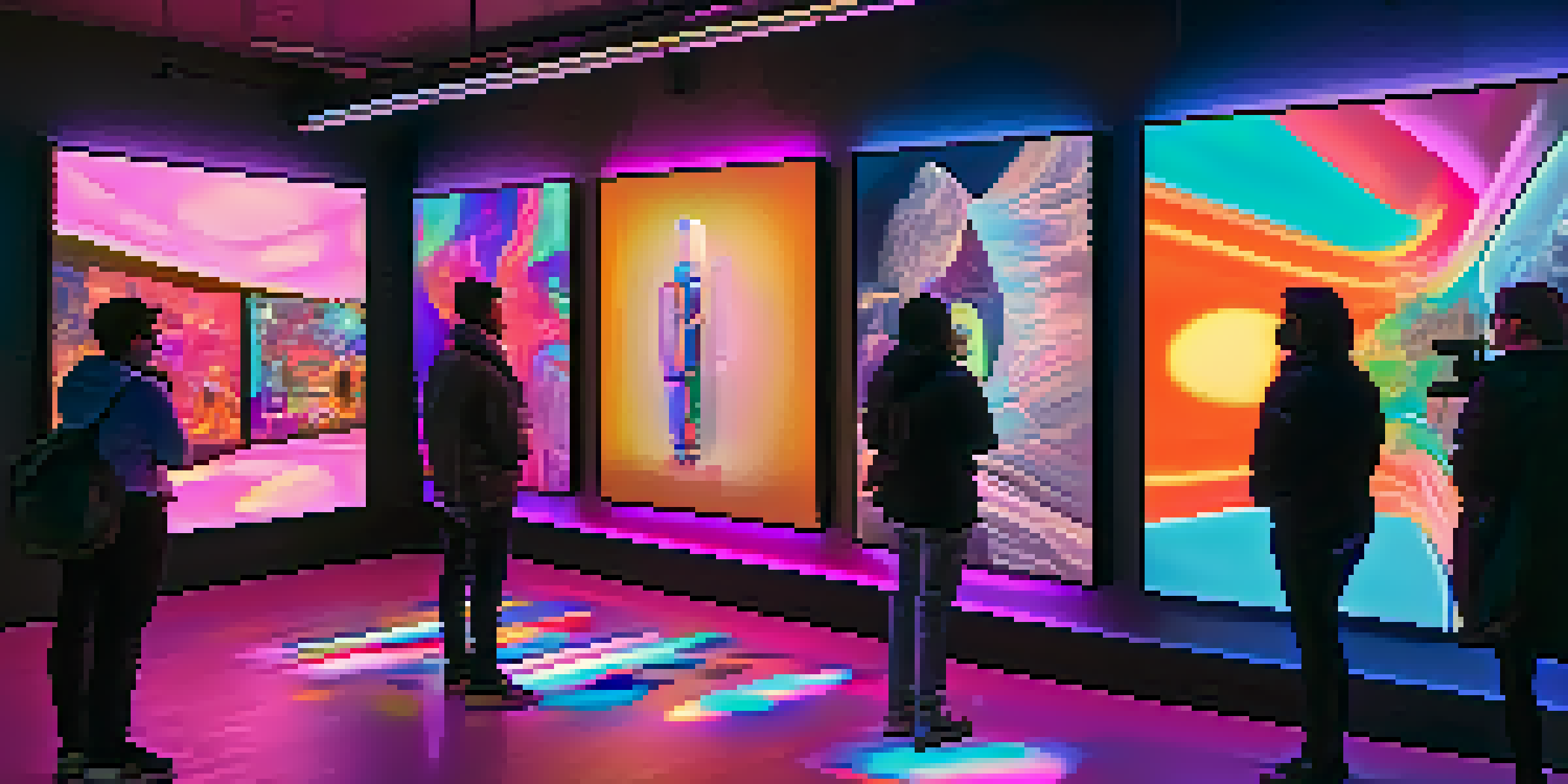 A digital art gallery filled with vibrant NFTs displayed on screens, featuring artists and collectors interacting in a colorful and futuristic environment.