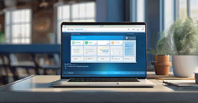 A modern cryptocurrency platform interface shown on a laptop, with a blue color scheme and clear navigation elements in a bright room.