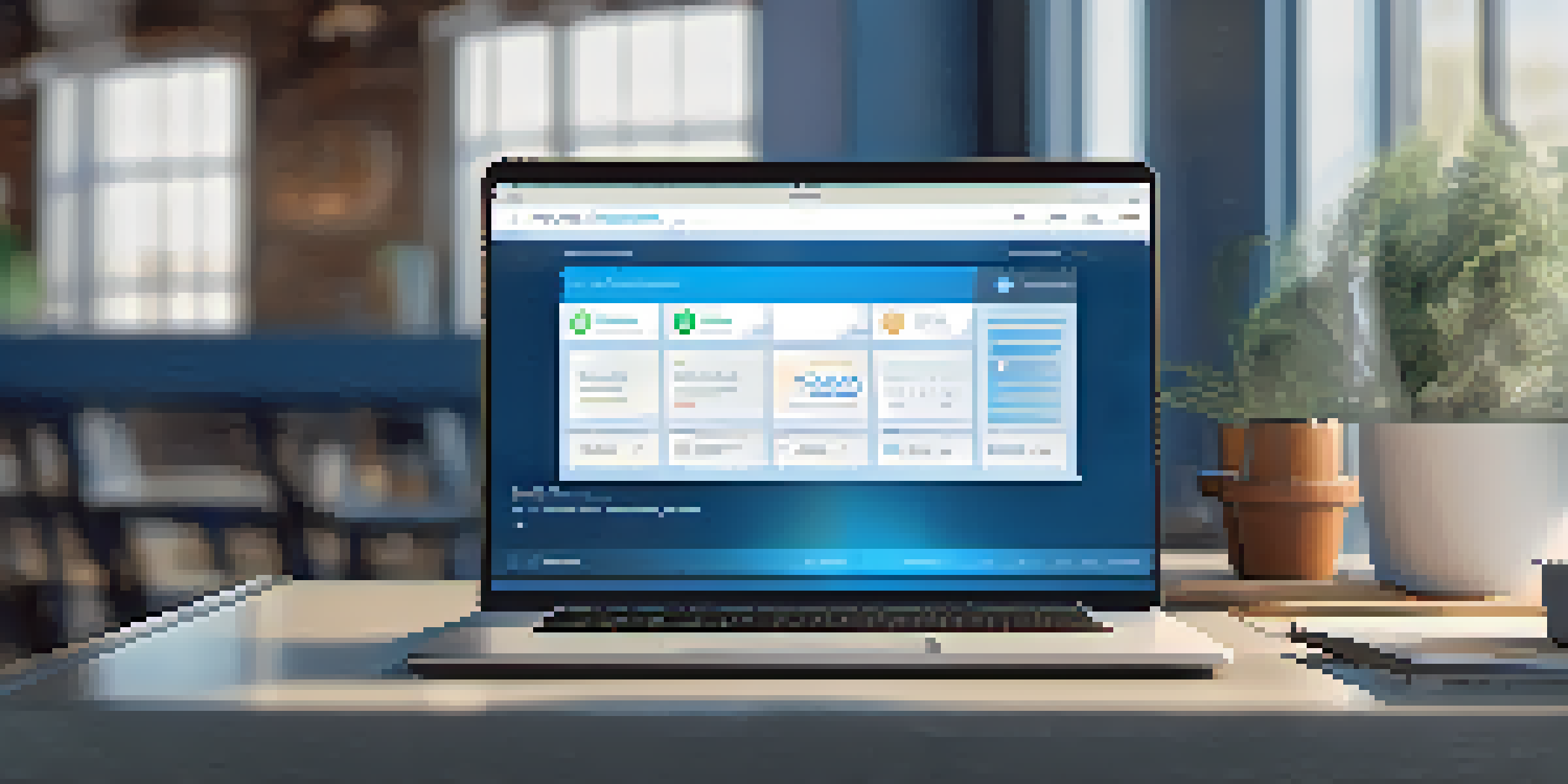 A modern cryptocurrency platform interface shown on a laptop, with a blue color scheme and clear navigation elements in a bright room.
